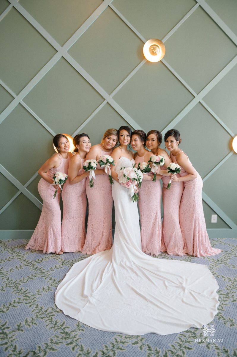 Bridesmaids in their light pink dresses standing three on either side of the bride in her wedding dress